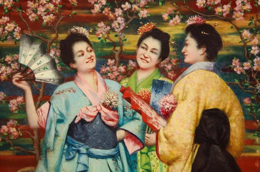 Late 19th Century French Japonisme Oil Painting on Canvas of Three Geishas Signed JA, Framed - 3