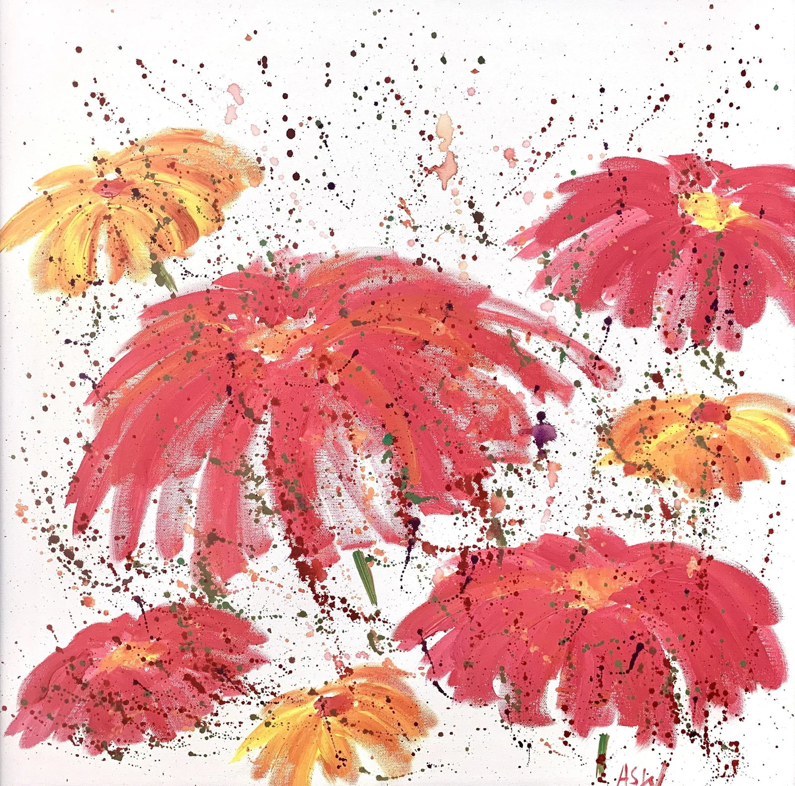 Abstract Red & Pink Flowers on a White Background - Unique Original Art by Contemporary British Arti - 9