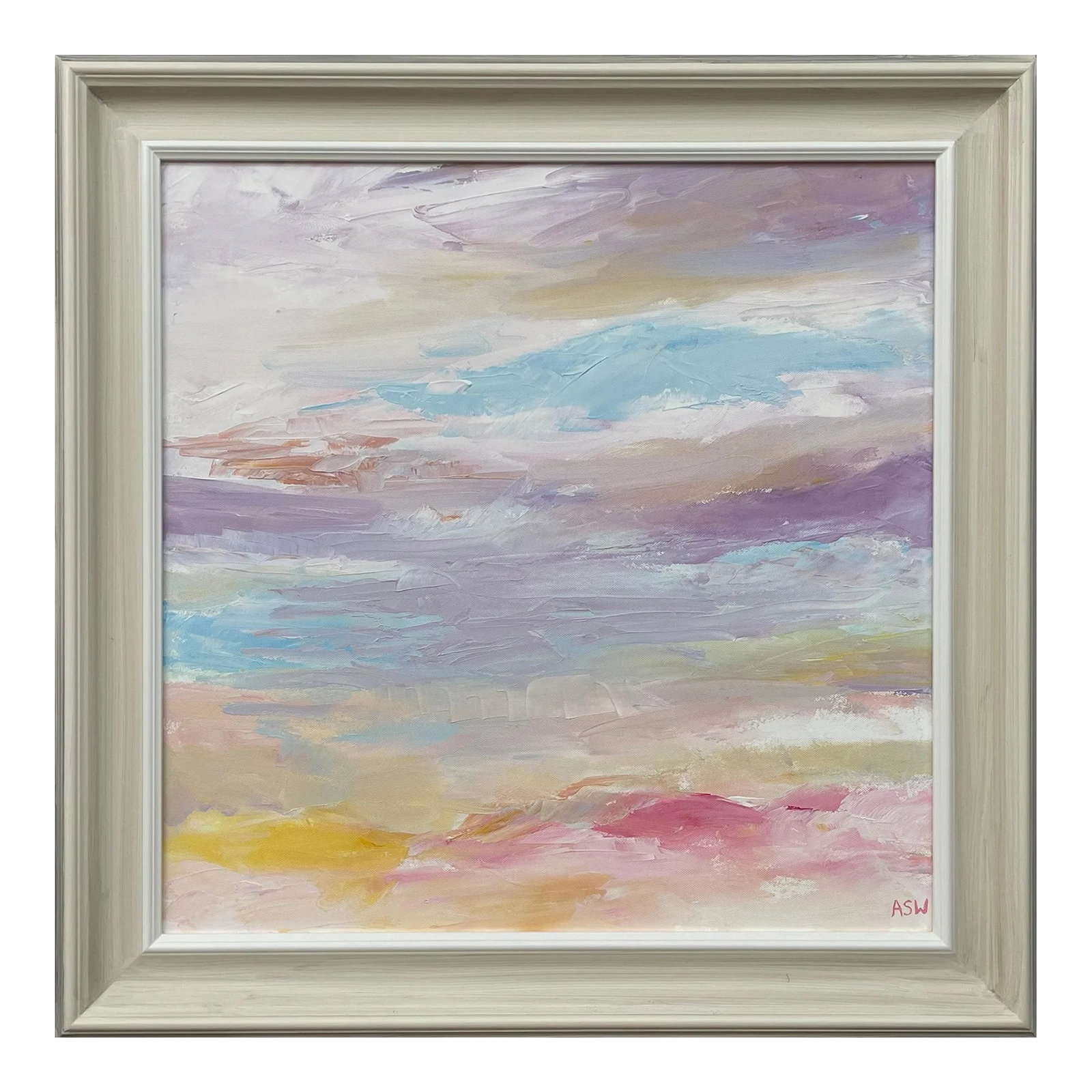 Serene Abstract Impressionist Seascape Landscape With Light Pinks Lilacs Blues & Yellows by Contempo: Abstract Impressionist Seascape Landscape by Contemporary British Artist, Angela Wakefield. Entitled 'Serenity #03', this atmospheric painting depicts an imagined scene using muted pastel colours.