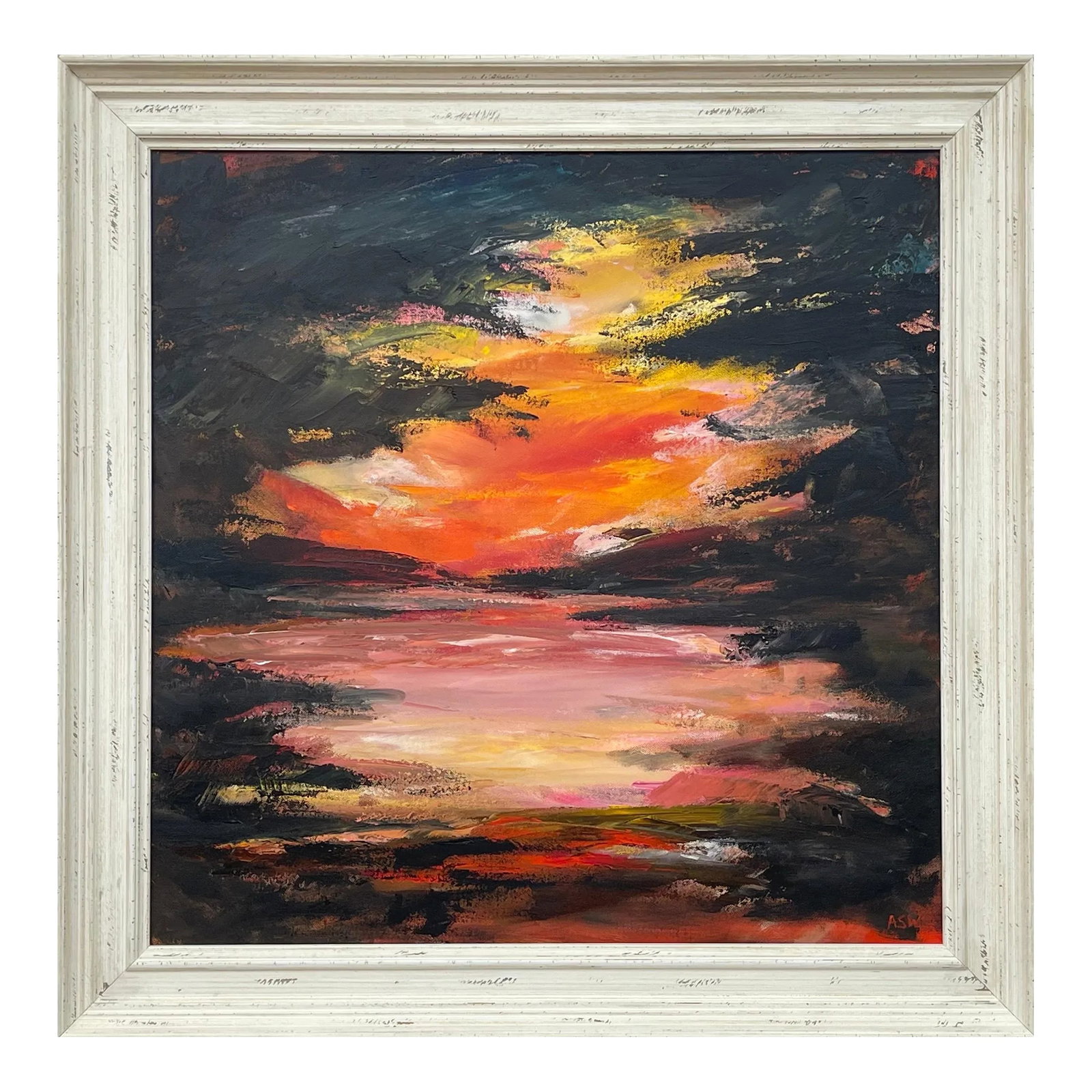 Black Orange & Yellow Abstract Landscape Painting - Unique Original Art by British Contemporary Arti: Black, Orange & Yellow Abstract Expressionist Landscape Painting by Leading Contemporary British Artist, Angela Wakefield. Deep in the forest, looking through the trees out onto a mountain lake scene