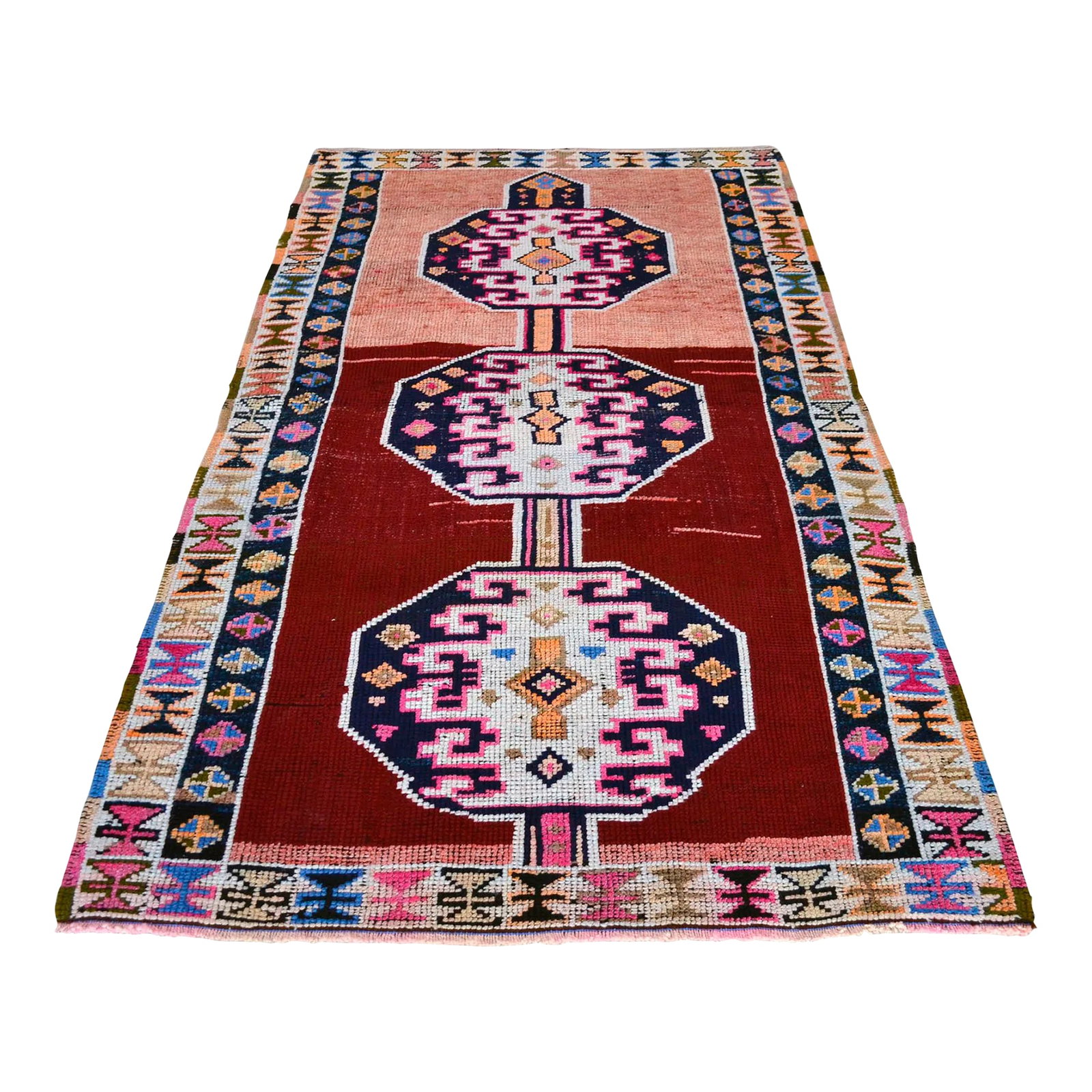 Vintage Hand Knotted Rug Ethnic Kurdish Rug - 4"²8"³ X 8"²: This hand-knotted vintage area rug originates from Southeastern Anatolia, meticulously crafted during the 1970s. Featuring a rare two-tone split field that masterfully shifts from warm salmon peach