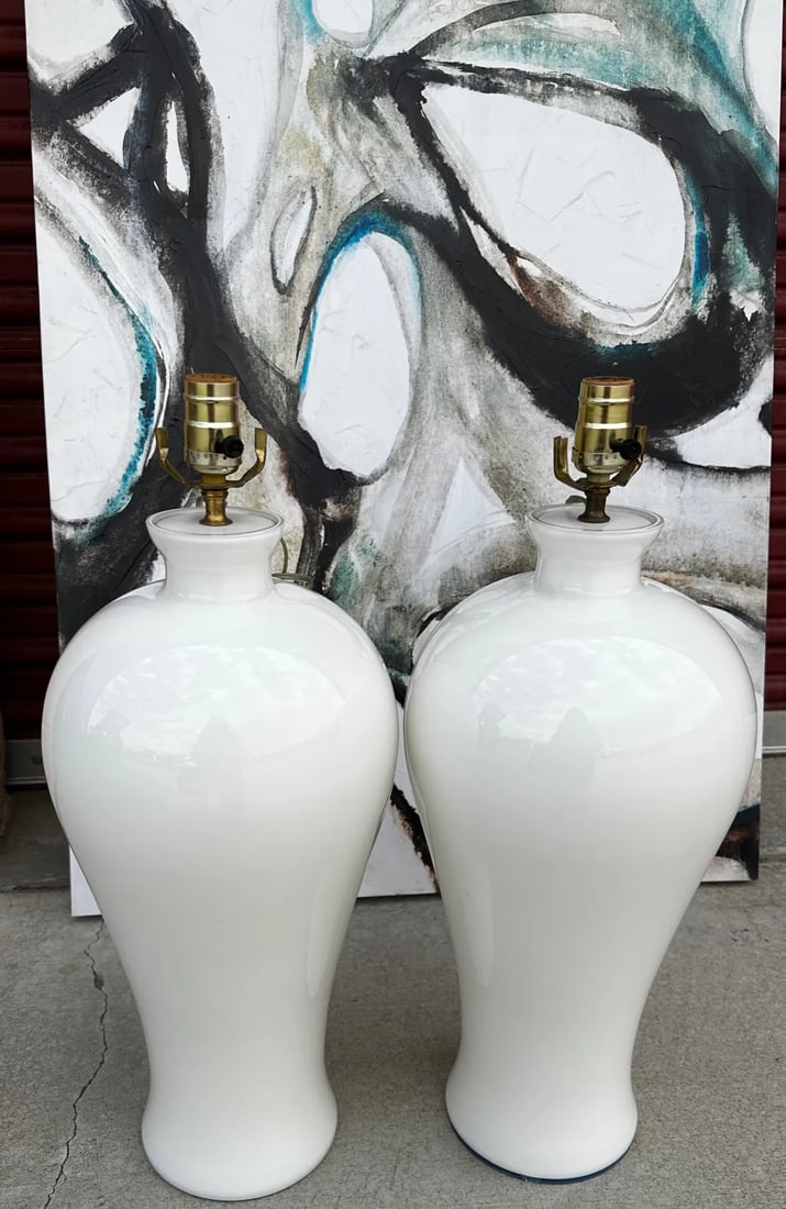 Pair of Urn Style White Glass Table Lamps - 5