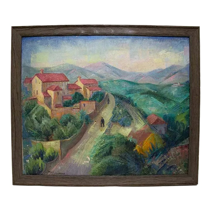 Reva Jackman Oil Painting - Hills of Fiesole Italy: Stunning oil on canvas by Reva Jackman, signed lower left & titled "Hills of Fiesole Italy." The barnwood style frame is new with wire on back for hanging. Re condition: There are bits of paint loss