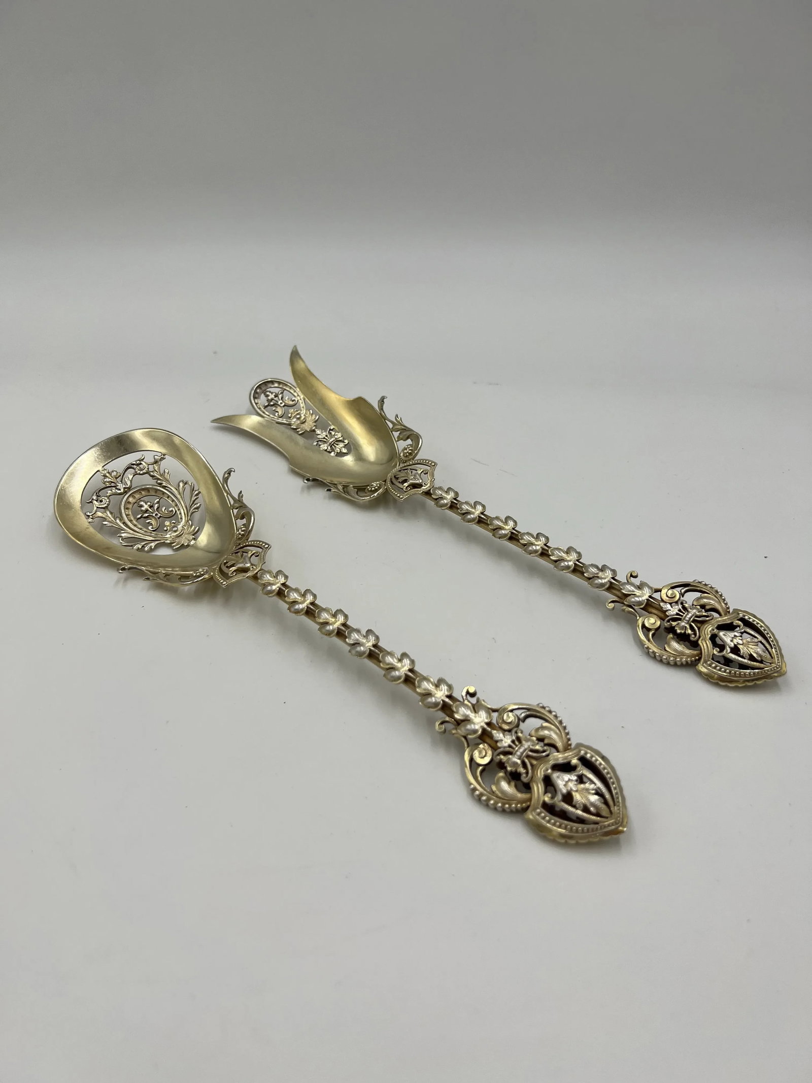 Pair, George Shiebler Ornate Floral & Vine Sterling Silver Pierced Salad Set - 10