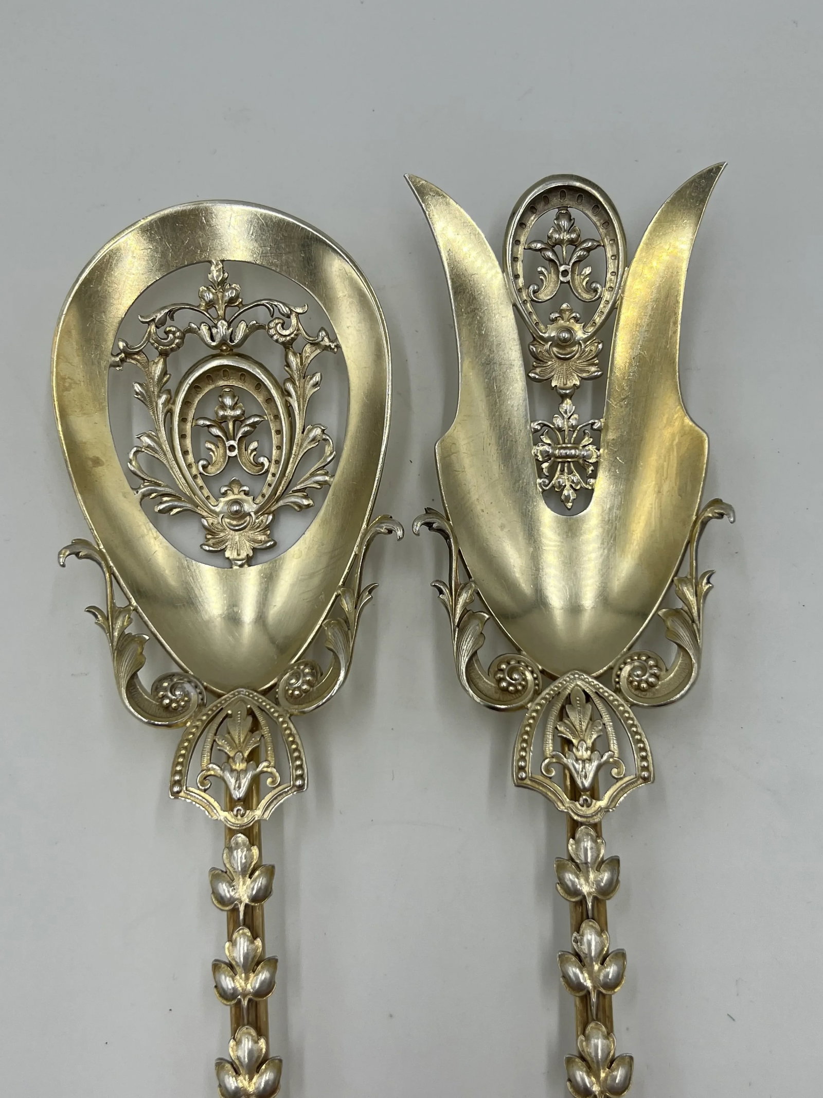 Pair, George Shiebler Ornate Floral & Vine Sterling Silver Pierced Salad Set - 9