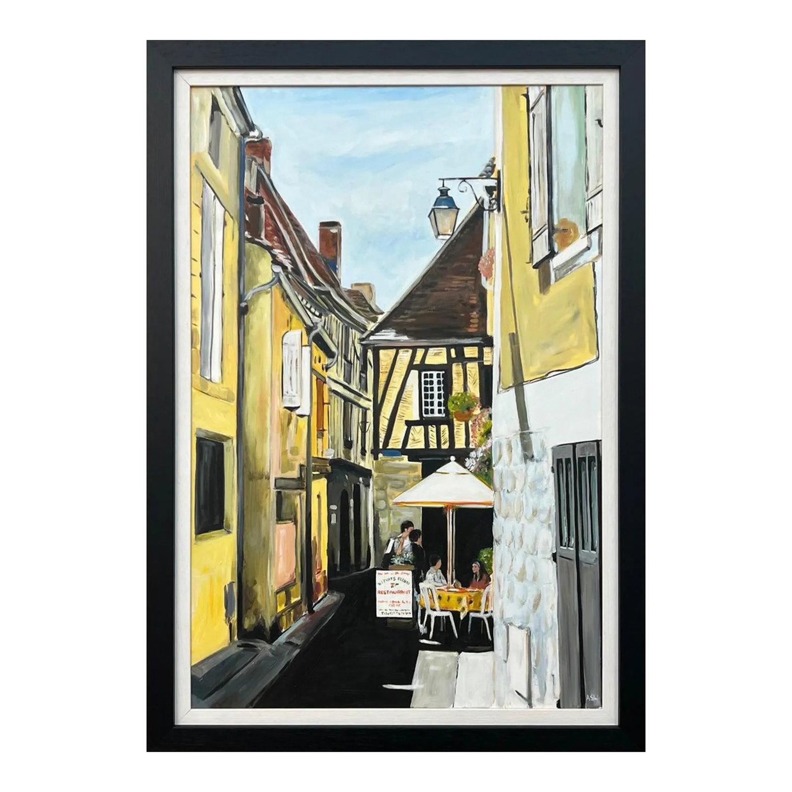 2012 Painting of Bergerac Old Town Cafe in France by Contemporary British Artist Angela Wakefield, F: Original Painting of Bergerac Cafe in France by Contemporary British Artist, Angela Wakefield. Part of her European Series published in 2012 (No.10). The beautiful old town of Bergerac in south west F
