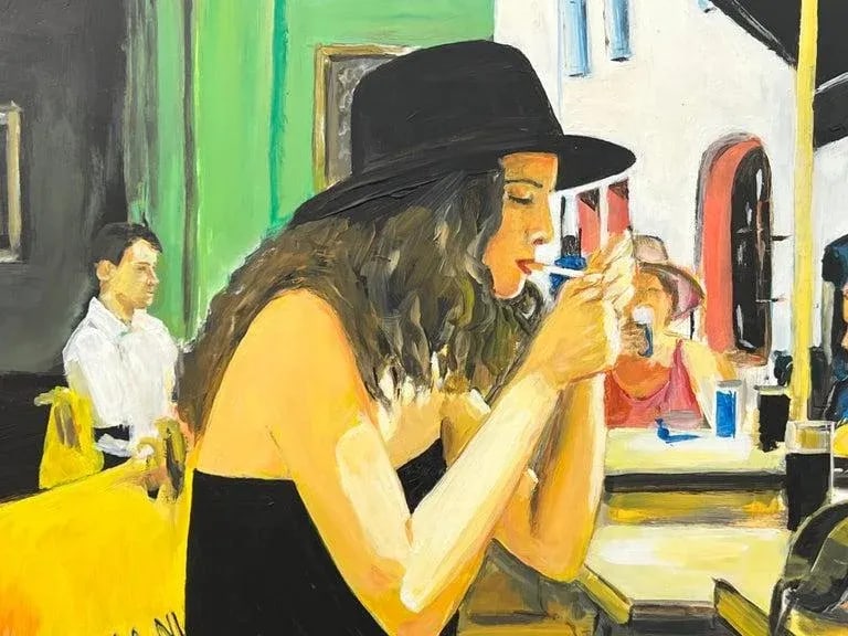 Woman Smoking at Le Cafe La Nuit in Arles, France Original Painting by Contemporary British Artist A - 8