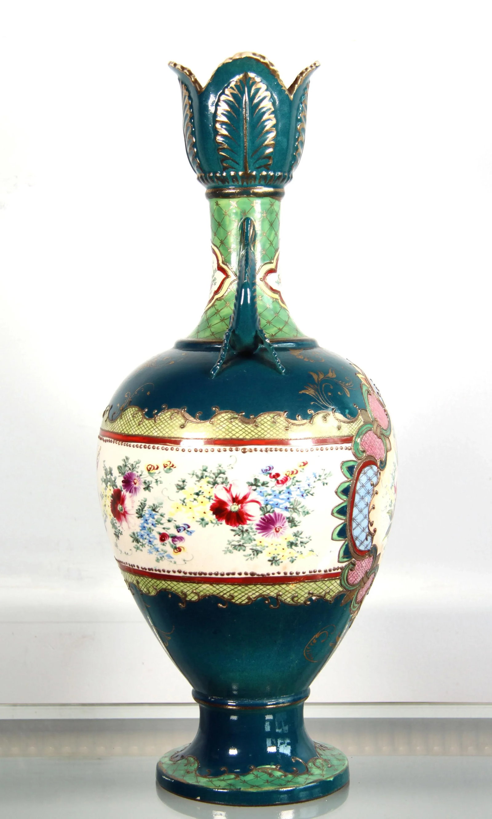 Antique Japanese Moriage Hand Painted Dolphin Handled Vase - 4