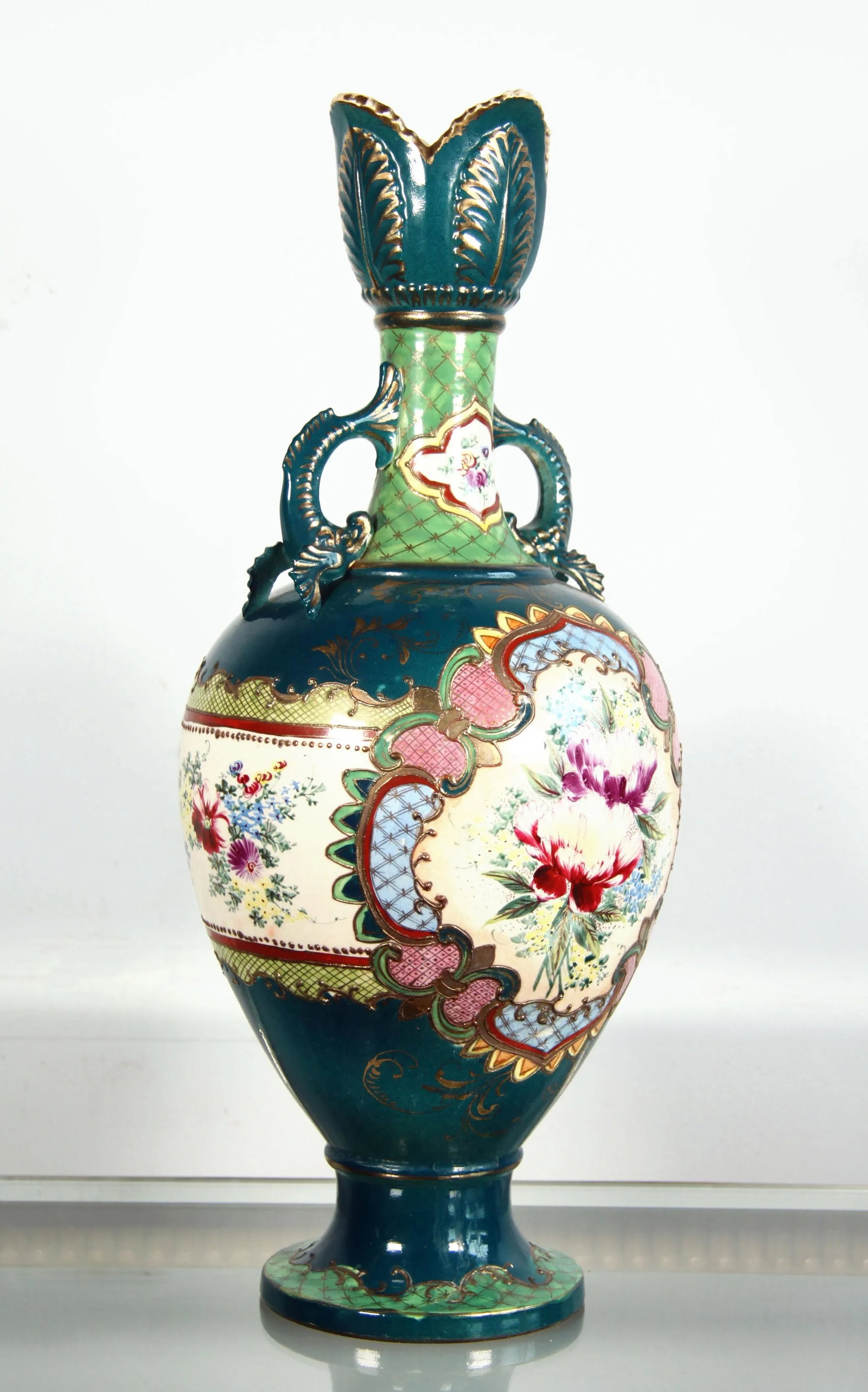 Antique Japanese Moriage Hand Painted Dolphin Handled Vase - 6