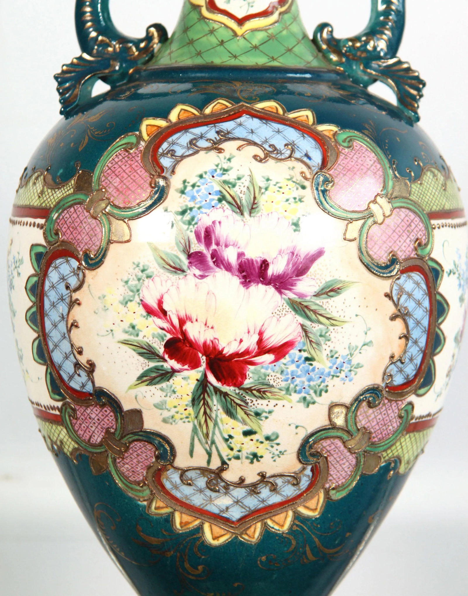 Antique Japanese Moriage Hand Painted Dolphin Handled Vase - 9