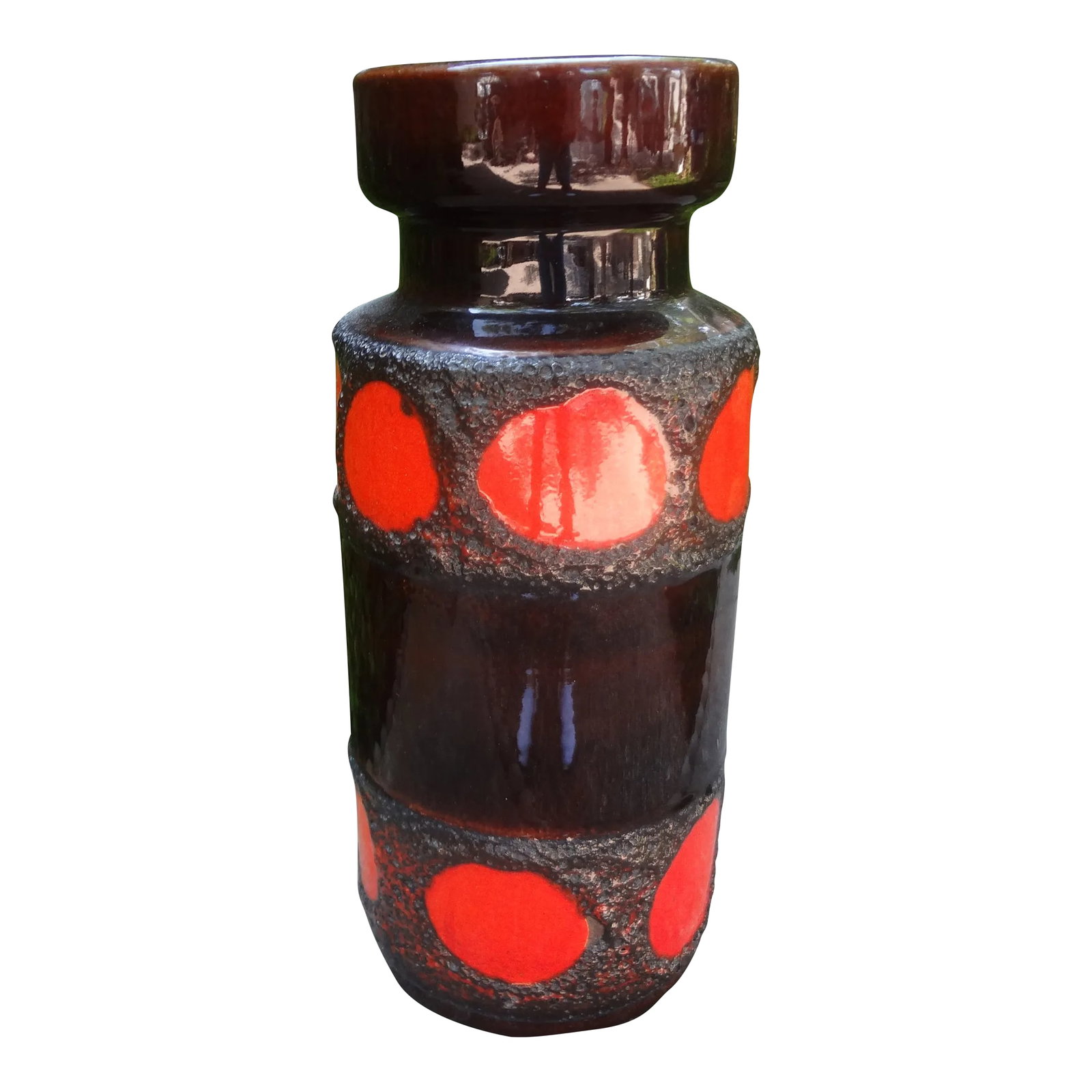 1960s West German Glazed Pottery Vase With Geometric Design: West German Glazed Pottery Vase With A Geometric Design. This handsome mid century glazed pottery vase executed in red and brown with a beautiful geometric design. Just one in our extensive