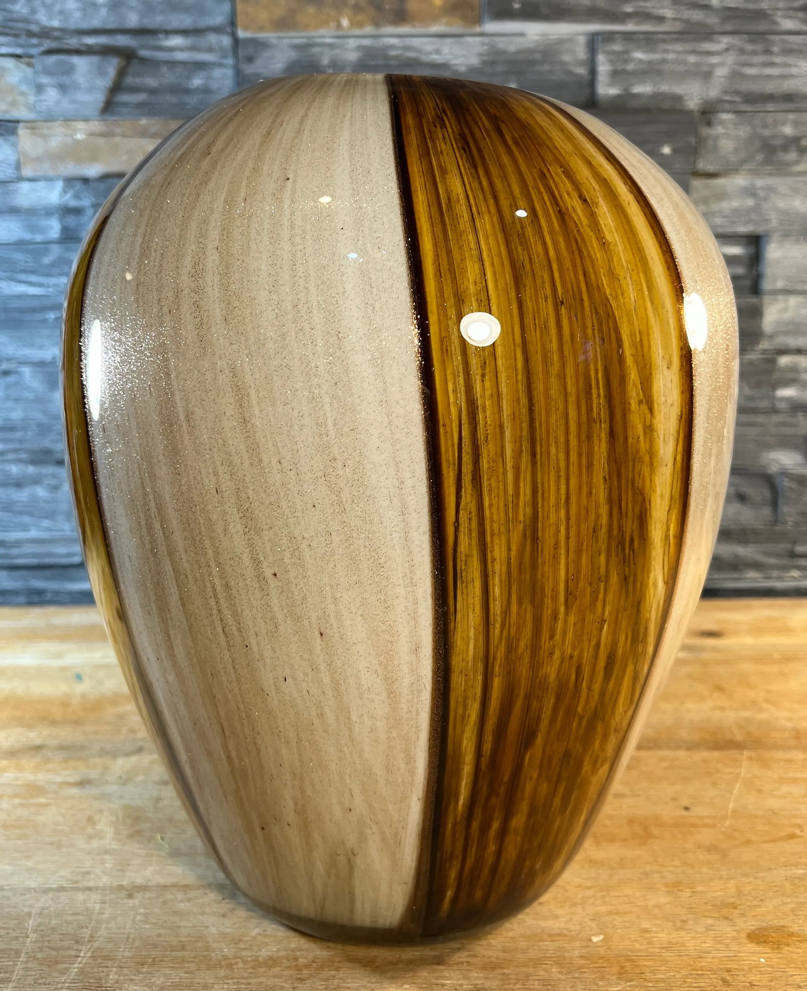 Large Ovoid Aventurine Yellow Amber White Art Glass Vase - 10