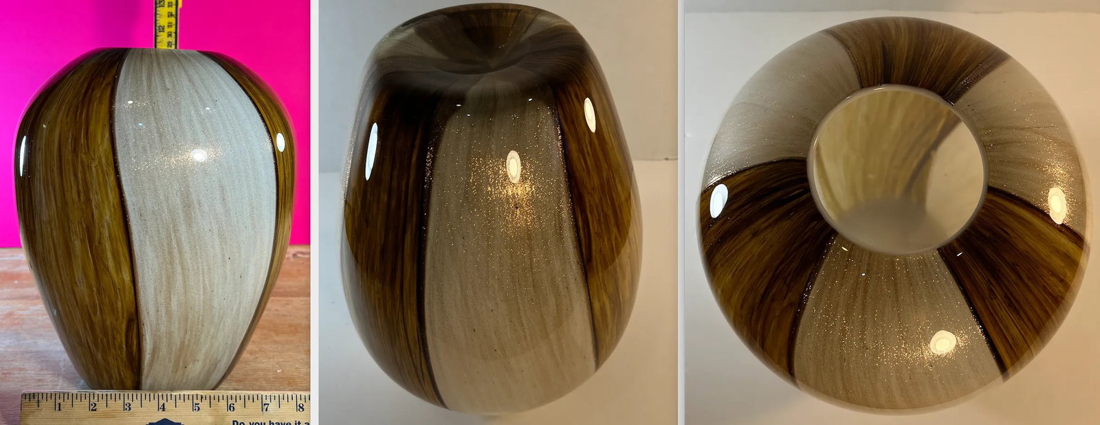 Large Ovoid Aventurine Yellow Amber White Art Glass Vase - 11