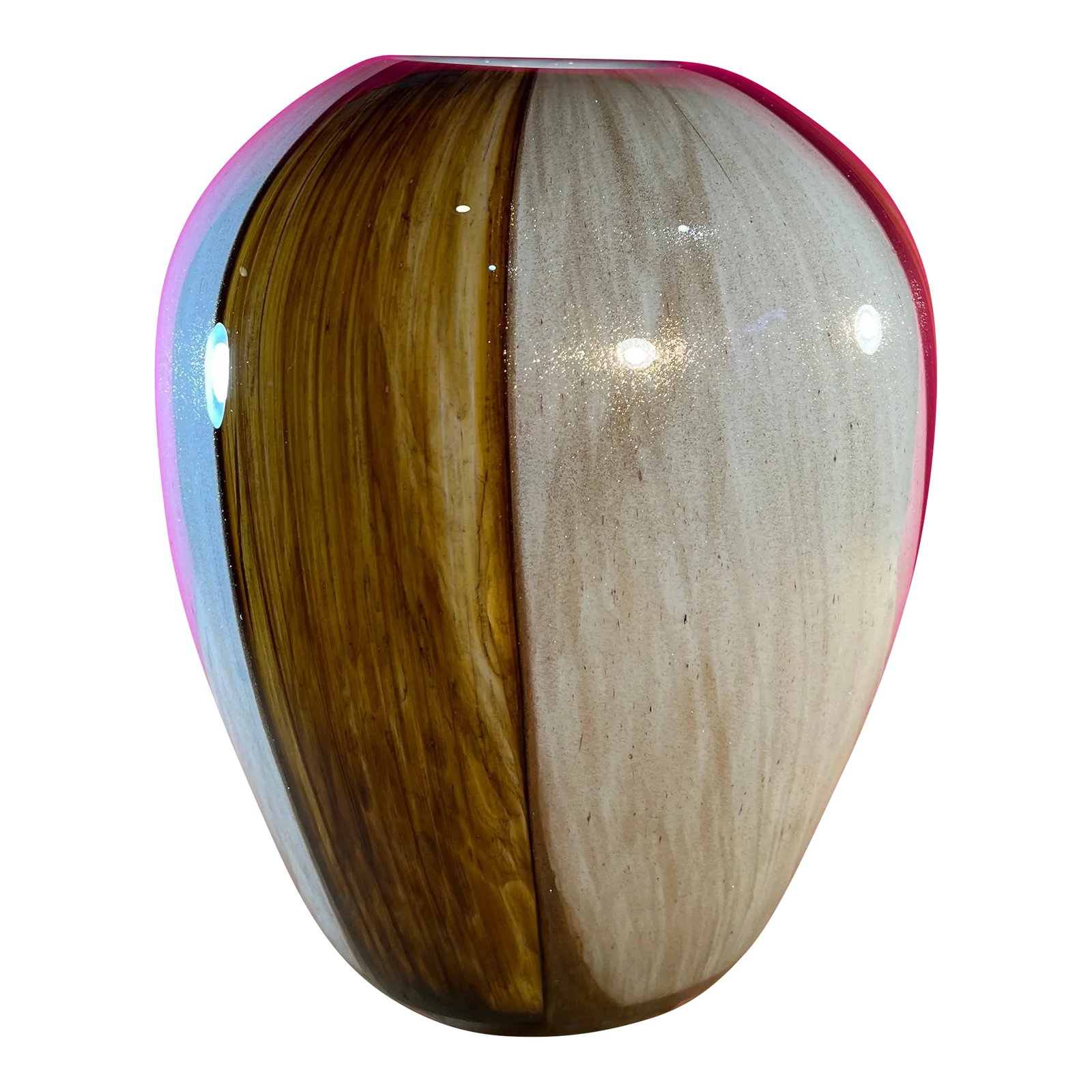 Large Ovoid Aventurine Yellow Amber White Art Glass Vase: This exquisite 12-inch tall ovoid hand-blown art glass vase is a true work of skilled glass artisans. Its striking color block pattern features captivating strands in warm and radiant yellow-amber