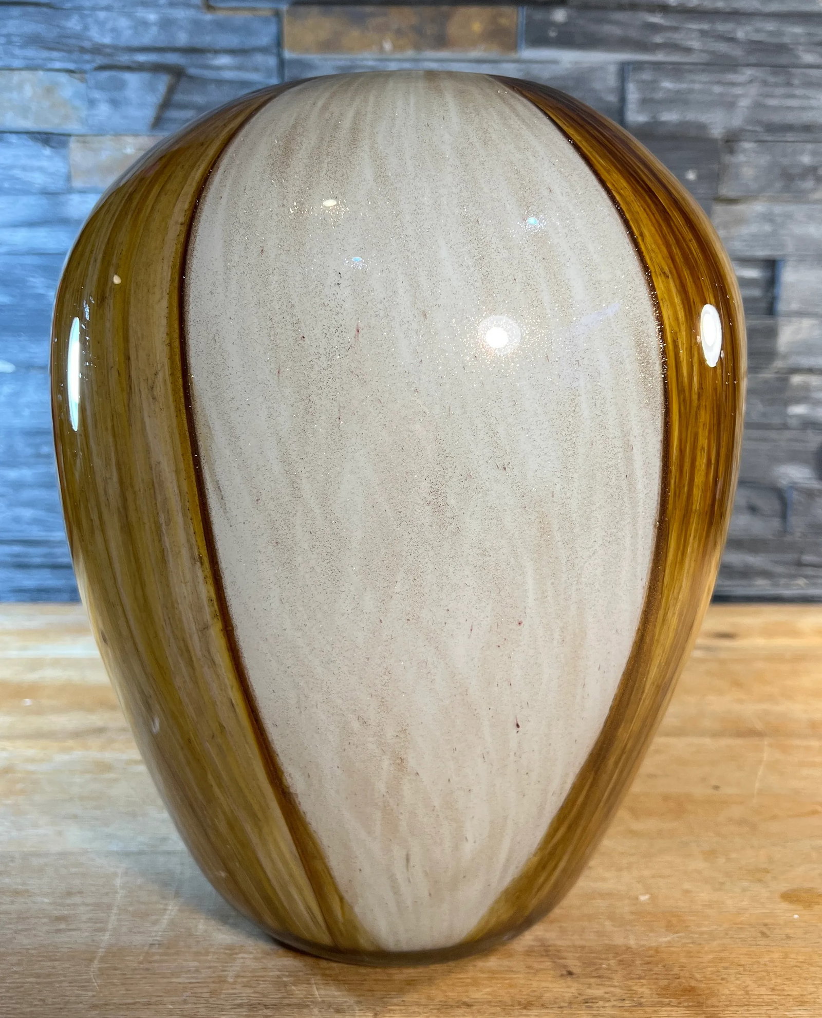 Large Ovoid Aventurine Yellow Amber White Art Glass Vase - 7