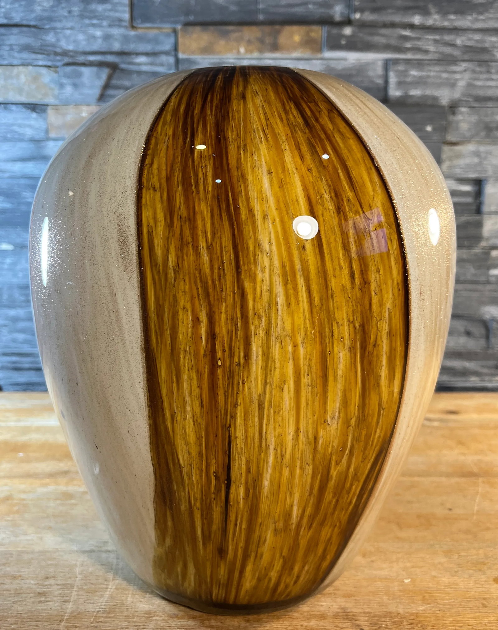 Large Ovoid Aventurine Yellow Amber White Art Glass Vase - 8
