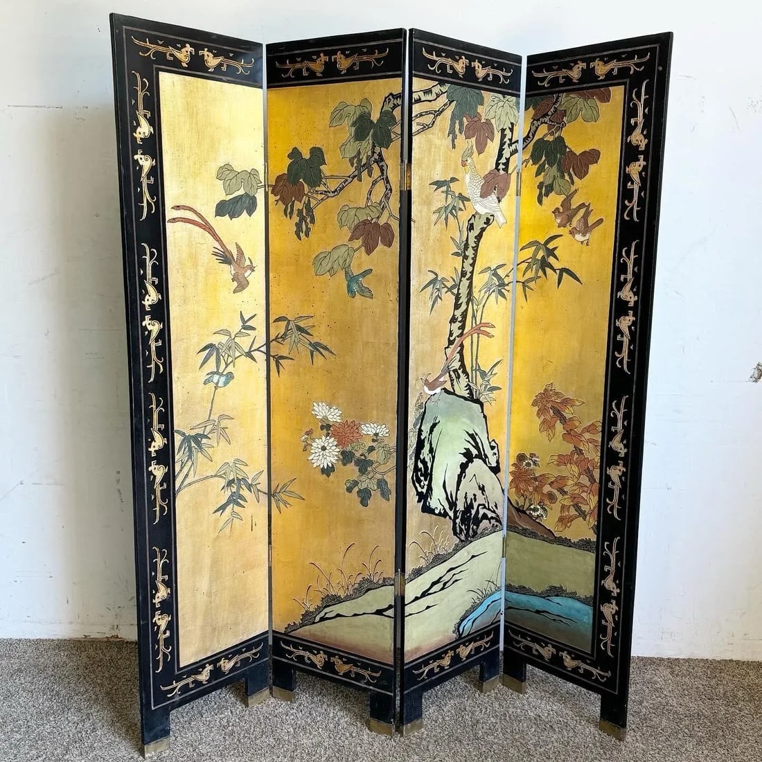 Vintage Chinese Hand Carved and Painted Room Divider/Screen - 4 Panels - 2