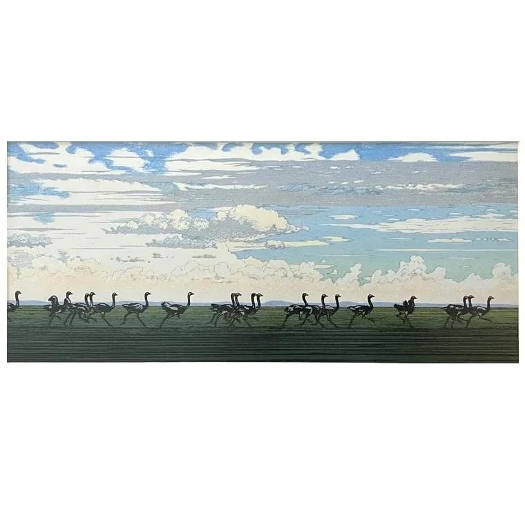 Running Ostrich Japanese Woodblock Print by Yoshida Toshi Circa 1984 - 3