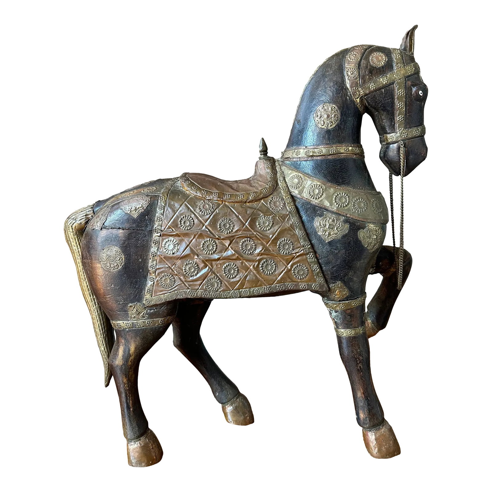 Rare Large Antique Copper & Brass Wooden Horse: This is a phenomenal, rare antique piece! This large carved wooden horse made with copper and brass is a showstopper and sure to be the perfect accent piece to your space! It features elaborate emboss