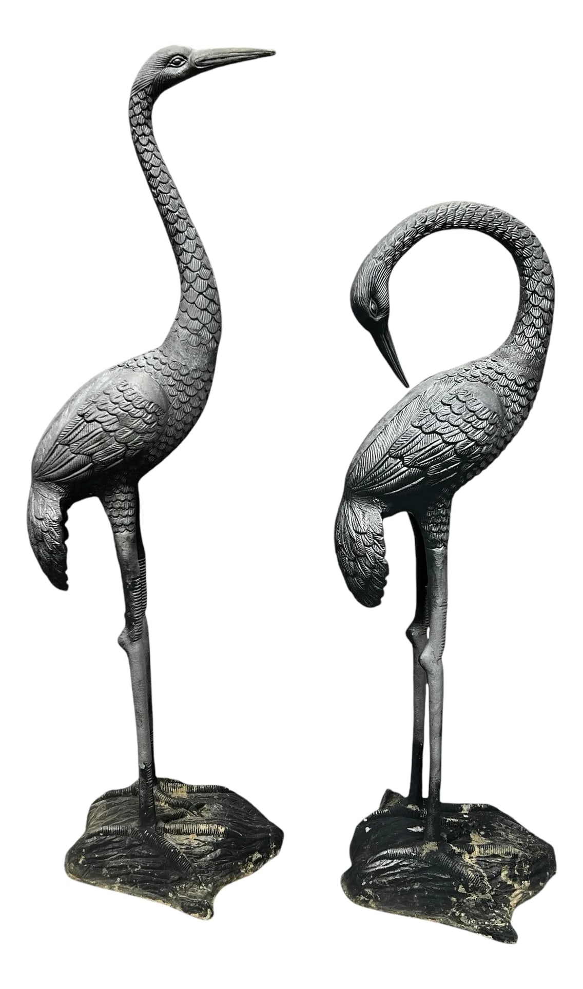 Coastal Heron Bird Garden Statue Ornaments - A Pair: Offered as a pair coastal Heron, Flamingo, Crane birds metal garden ornaments. Bird with head up measures 13" x 13" x 44" h, bird head dow measures 13" x 13" x 38" h. Have discoloration from outdoor
