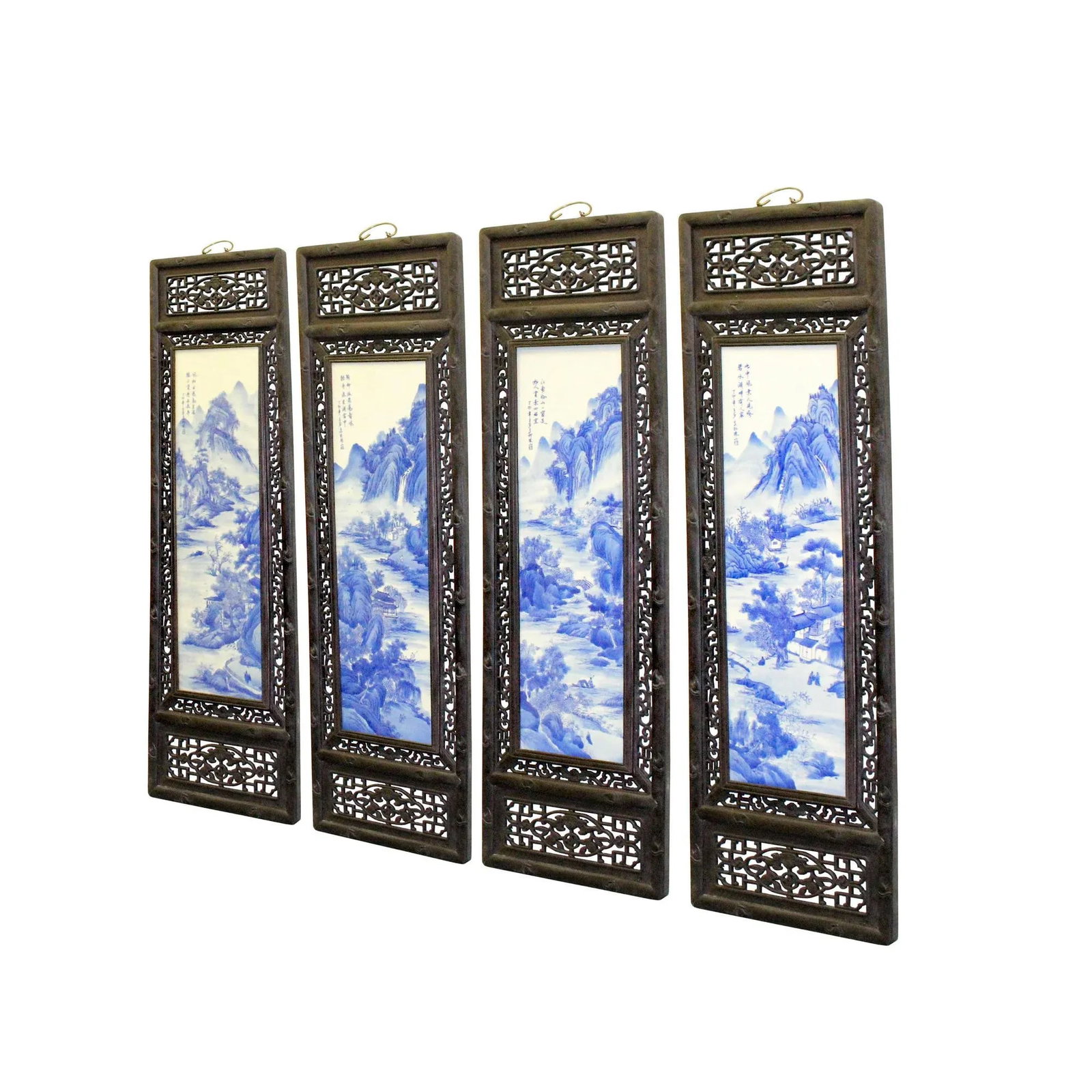Chinese Mountain River Porcelain Blue & White Painting Wall Panel Set - 3