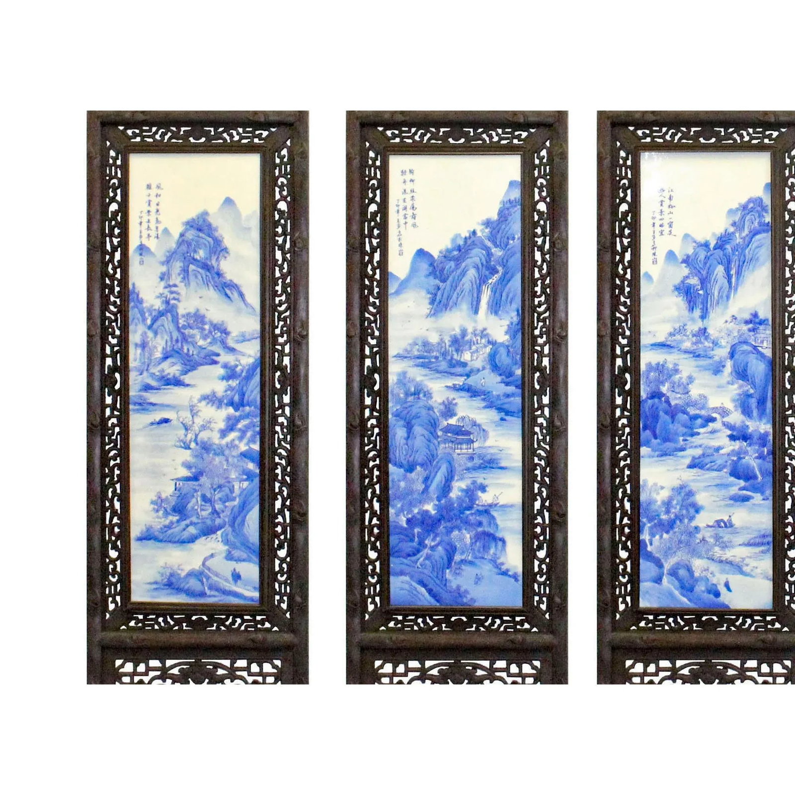 Chinese Mountain River Porcelain Blue & White Painting Wall Panel Set - 4