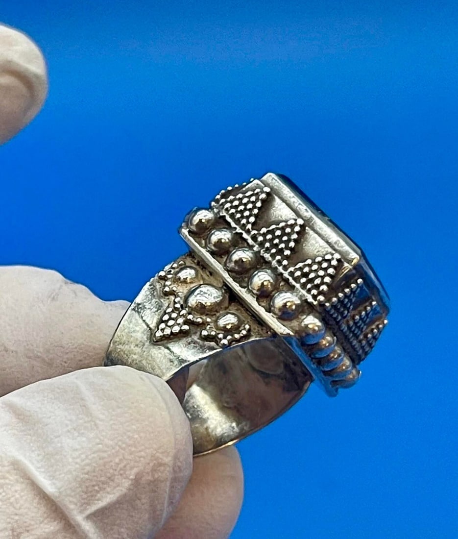 Antique Yemen Sterling Silver Lapis Lazuli Tower Ring, Size 9.5. Antique Yemen Jewelry - 12