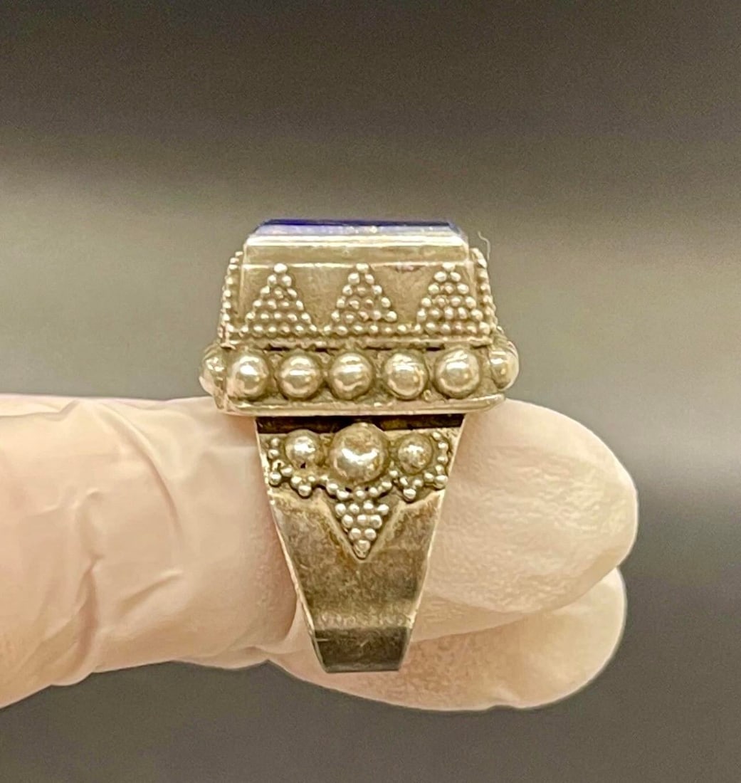 Antique Yemen Sterling Silver Lapis Lazuli Tower Ring, Size 9.5. Antique Yemen Jewelry - 8