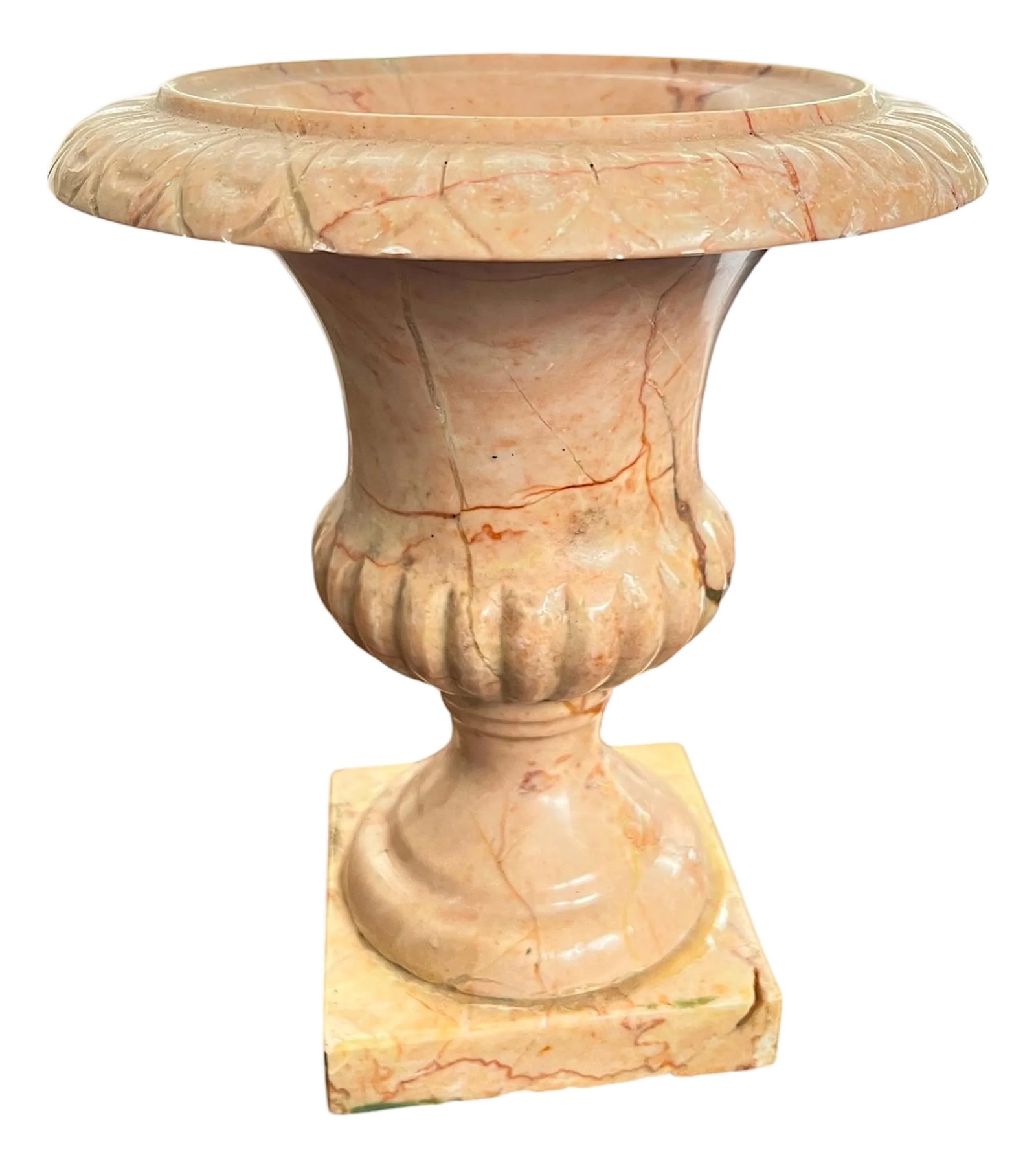 Vintage Carved Pink Marble Urn Jardinière Vessel: A beautifully sculptural vintage carved marble urn in warm blush-pink tones with dramatic rust, coral, and soft gray veining throughout. Executed in a classical urn silhouette with a deeply flared