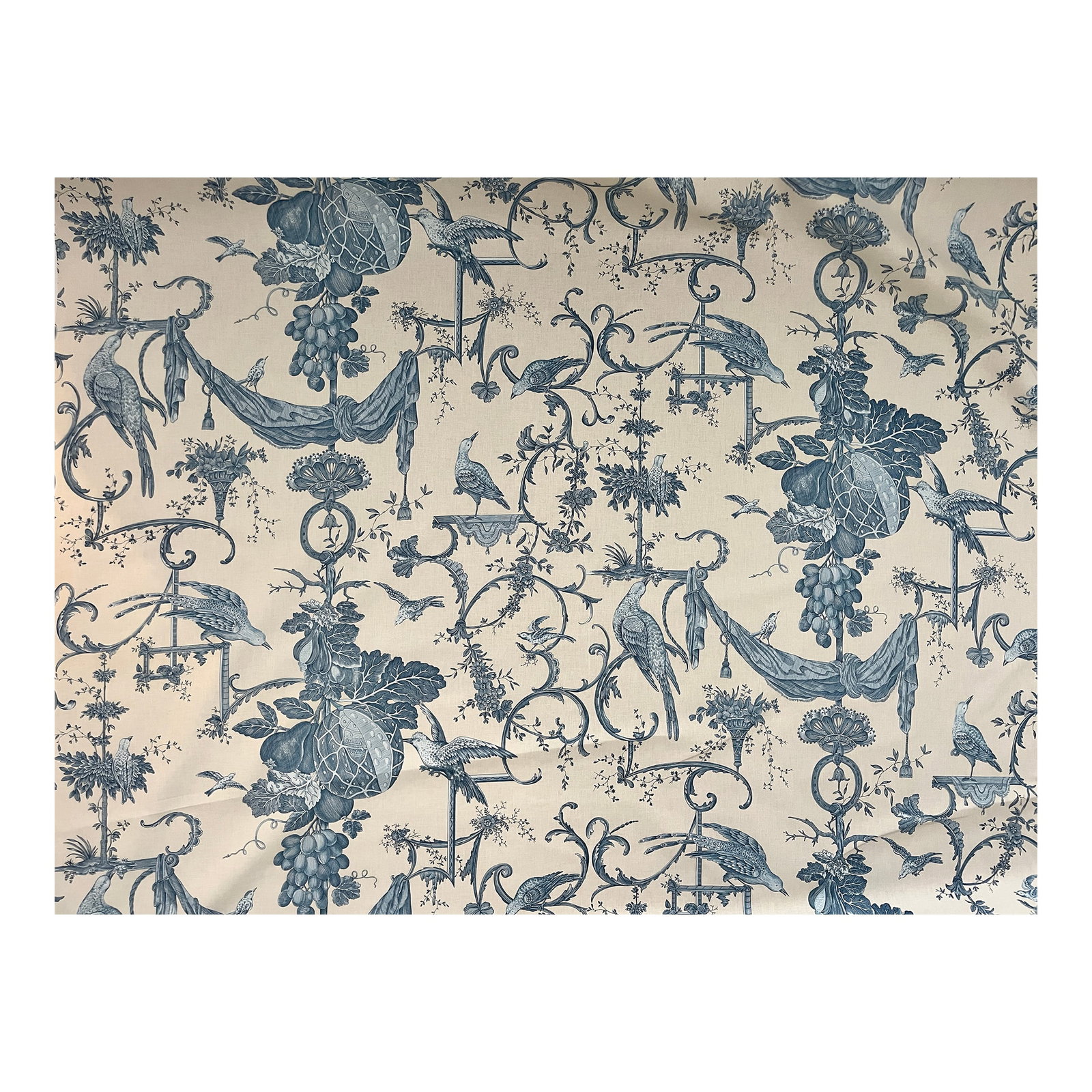 6 Yards Brunschwig & Fils "Kininvie" Blue & White Chinoiserie Linen Fabric: Six yards of Brunschwig & Fils "Kinnvie" designer fabric in a sophisticated blue-and-ivory colorway. This richly detailed scenic toile features exotic birds, scrolling Rococo ornament, draped