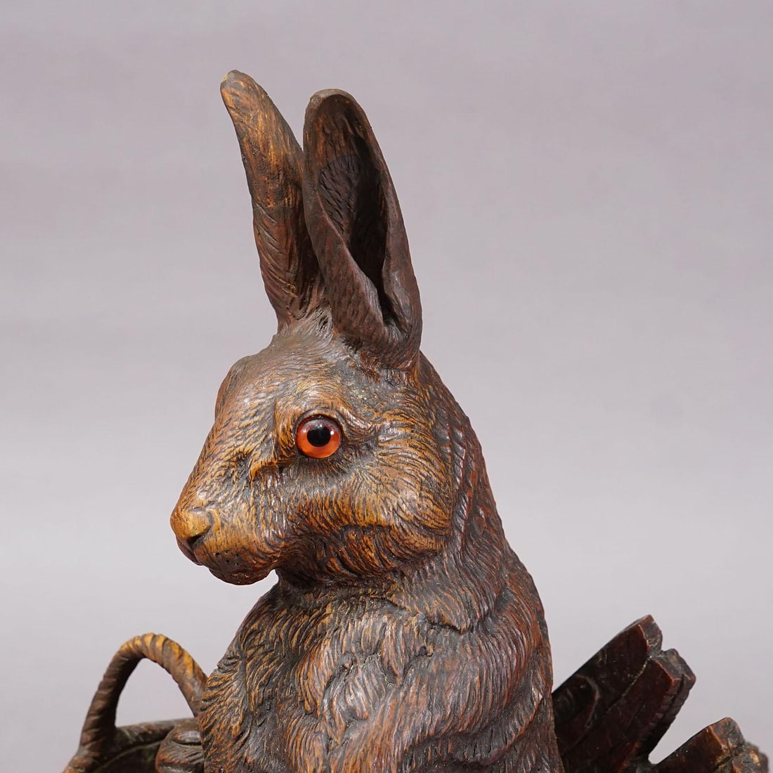 Antique Black Forest Carved Rabbit Figure With Basket, Circa 1900 - 5