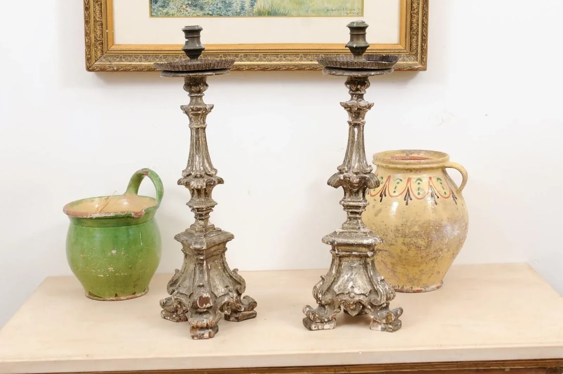 Rococo Period 18th Century Italian Painted and Carved Candlesticks - a Pair - 10