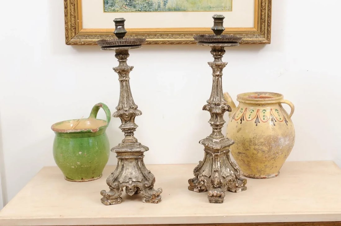 Rococo Period 18th Century Italian Painted and Carved Candlesticks - a Pair - 11