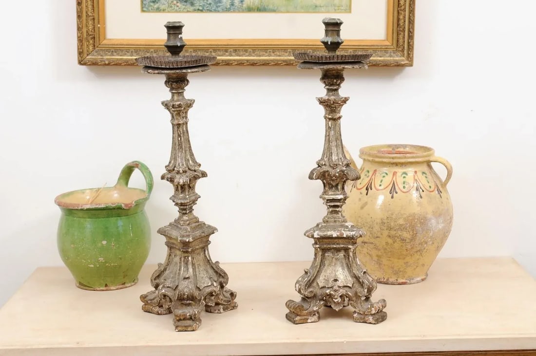 Rococo Period 18th Century Italian Painted and Carved Candlesticks - a Pair - 12