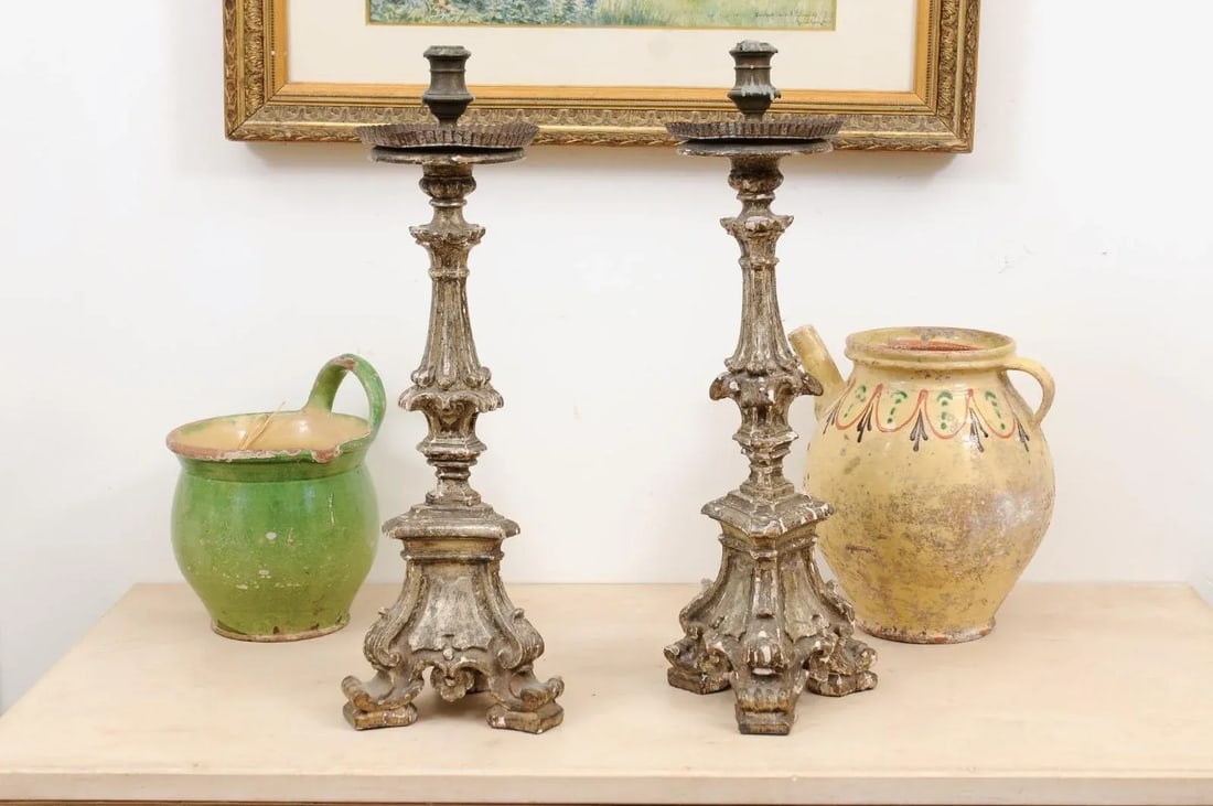 Rococo Period 18th Century Italian Painted and Carved Candlesticks - a Pair - 3