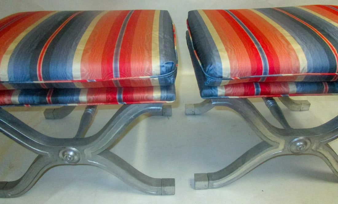 Dorothy Draper Henredon Hollywood Regency Silver Gilt Wood Curule Bench - A Pair - 12