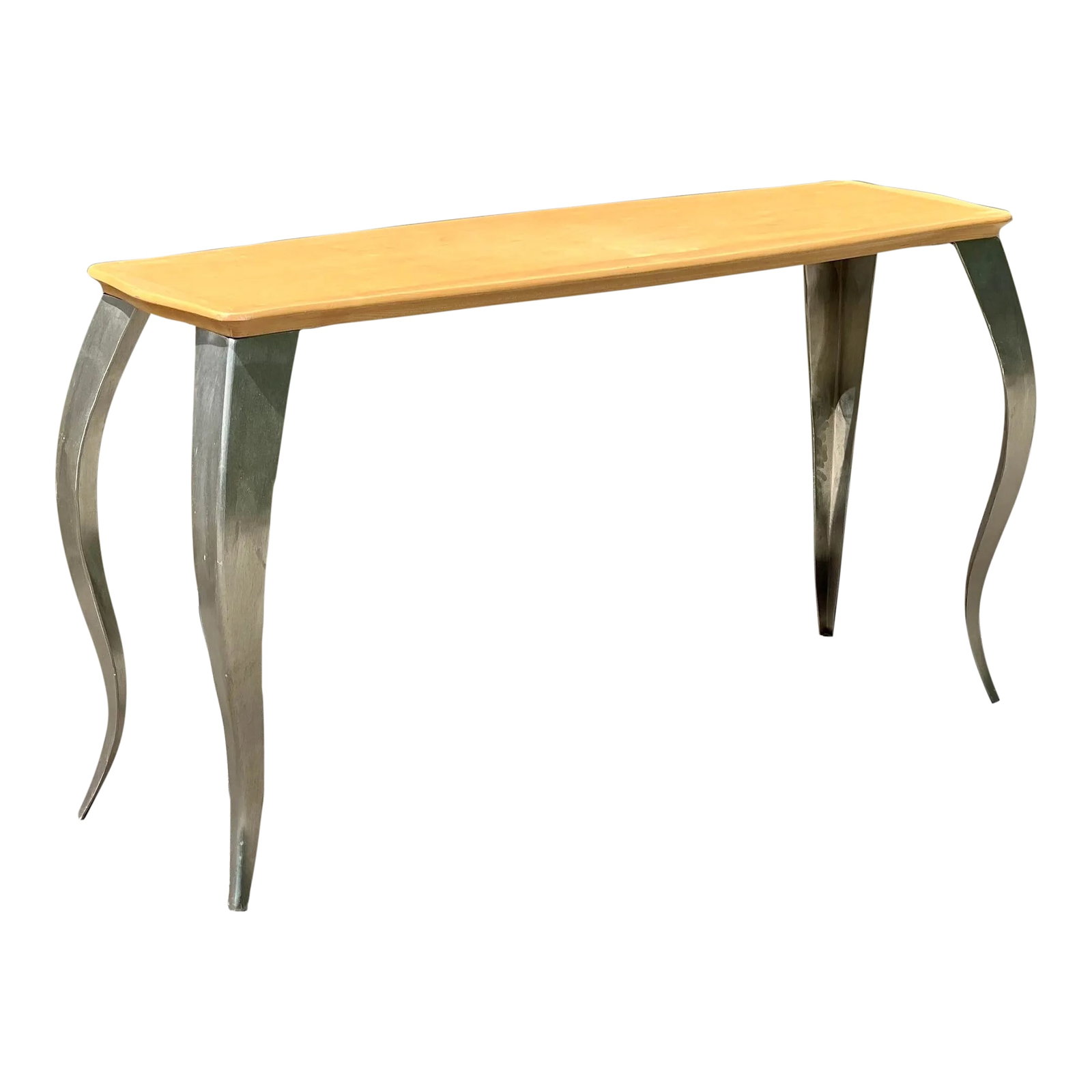 Late 20th Century Modern Squiggle Leg Console Sofa Table With Wooden Top: The Modern Squiggle Leg Console Sofa Table effortlessly blends functional design with a contemporary artistic flair. Its unique feature, a set of squiggle-shaped legs, brings a playful yet