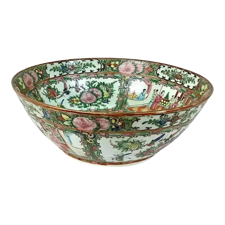 Large Chinese Porcelain Famille Rose Medallion Bowl #10: Large colorful vintage Chinese export Famille rose medallion porcelain bowl. Features classic oriental scenes with Chinese people throughout. Overall, the piece is in wonderful condition with a