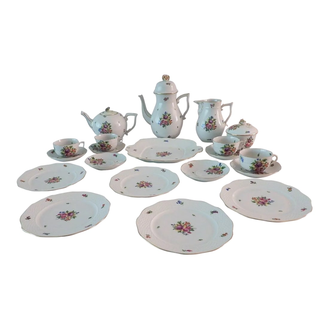 Herend Vilma's Bouquet 23 Piece Tea Coffee Dessert Cake Plates Cups & Saucers Set 1940 (1 of 13)