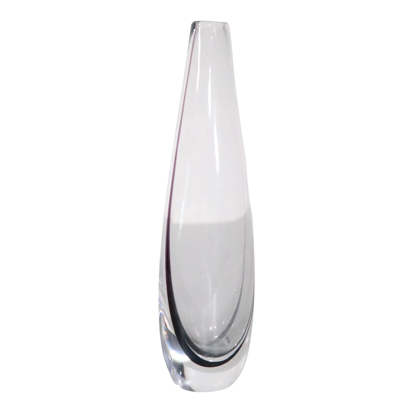 Mid Century Art Glass Vase by Vicke Lindstrand for Kosta Boda C 1960's.: Classic Swedish Mid Century art glass vase by Vicke Lindstrand for Kosta Boda, circa 1960's. The vase features a transparent body with dramatic purple stripe running up and down the piece. This