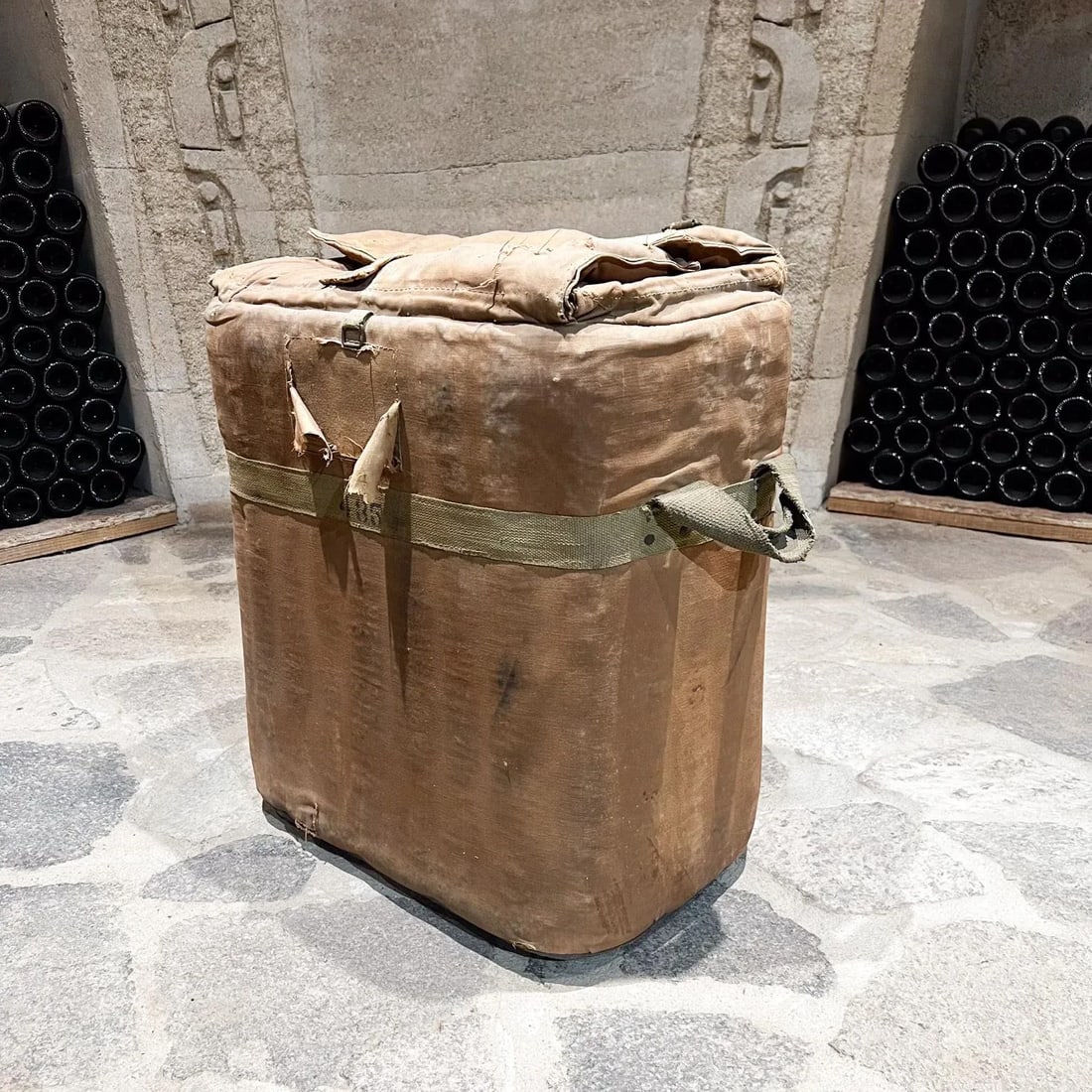 1940s Distressed Military Ice Bucket Portable Chest Leather Canvas - 2