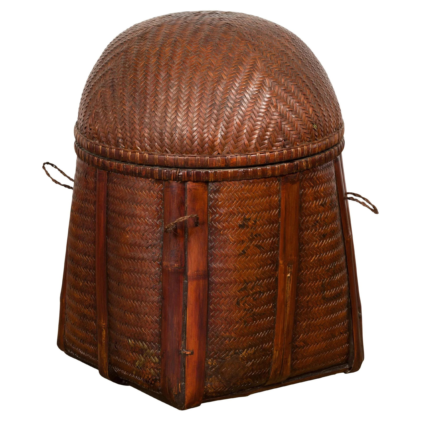 Antique Thai Hand Woven Rattan Basket with Domed Lid and Rustic Character - 13