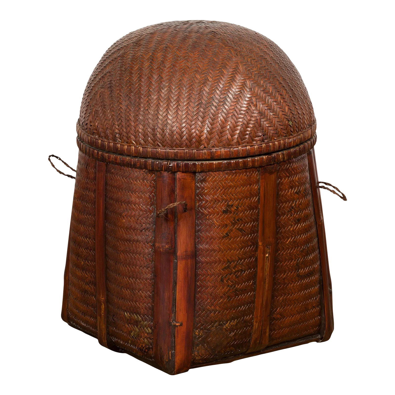 Antique Thai Hand Woven Rattan Basket with Domed Lid and Rustic Character: An antique rustic Thai hand woven rattan basket from the early 20th century, with domed lid, bamboo braces and brown patina. Created in Thailand during the early years of the 20th century, this