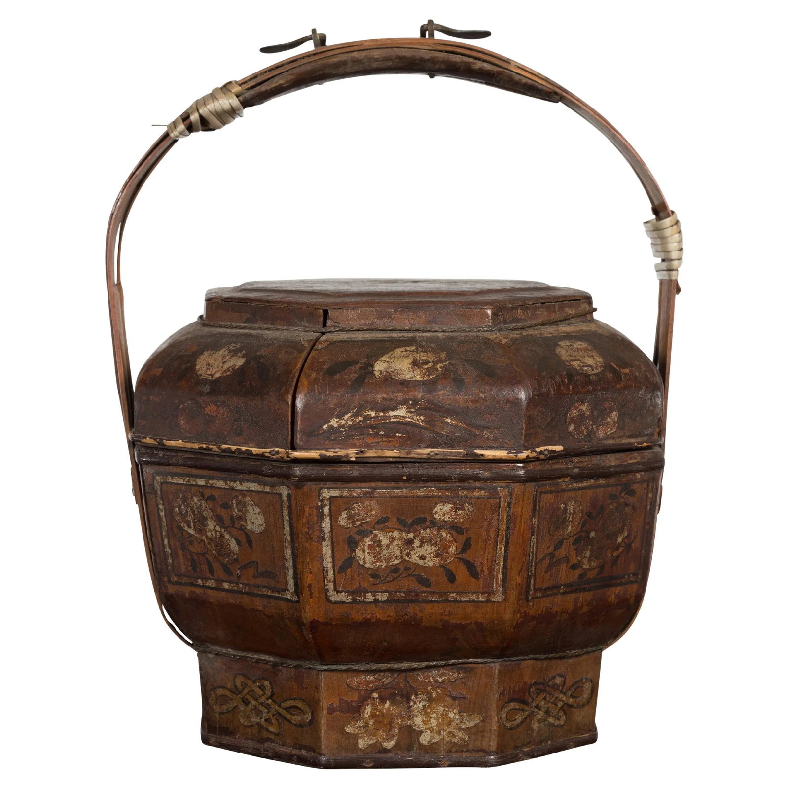 Chinese Antique Lacquered Gift Delivering Basket with Hand Painted Floral Décor - 13