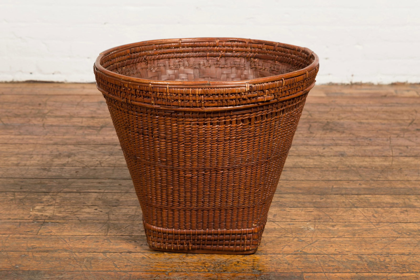 Hand Woven Rattan and Bamboo Thai 19th Century Grain Basket with Tapering Lines - 5
