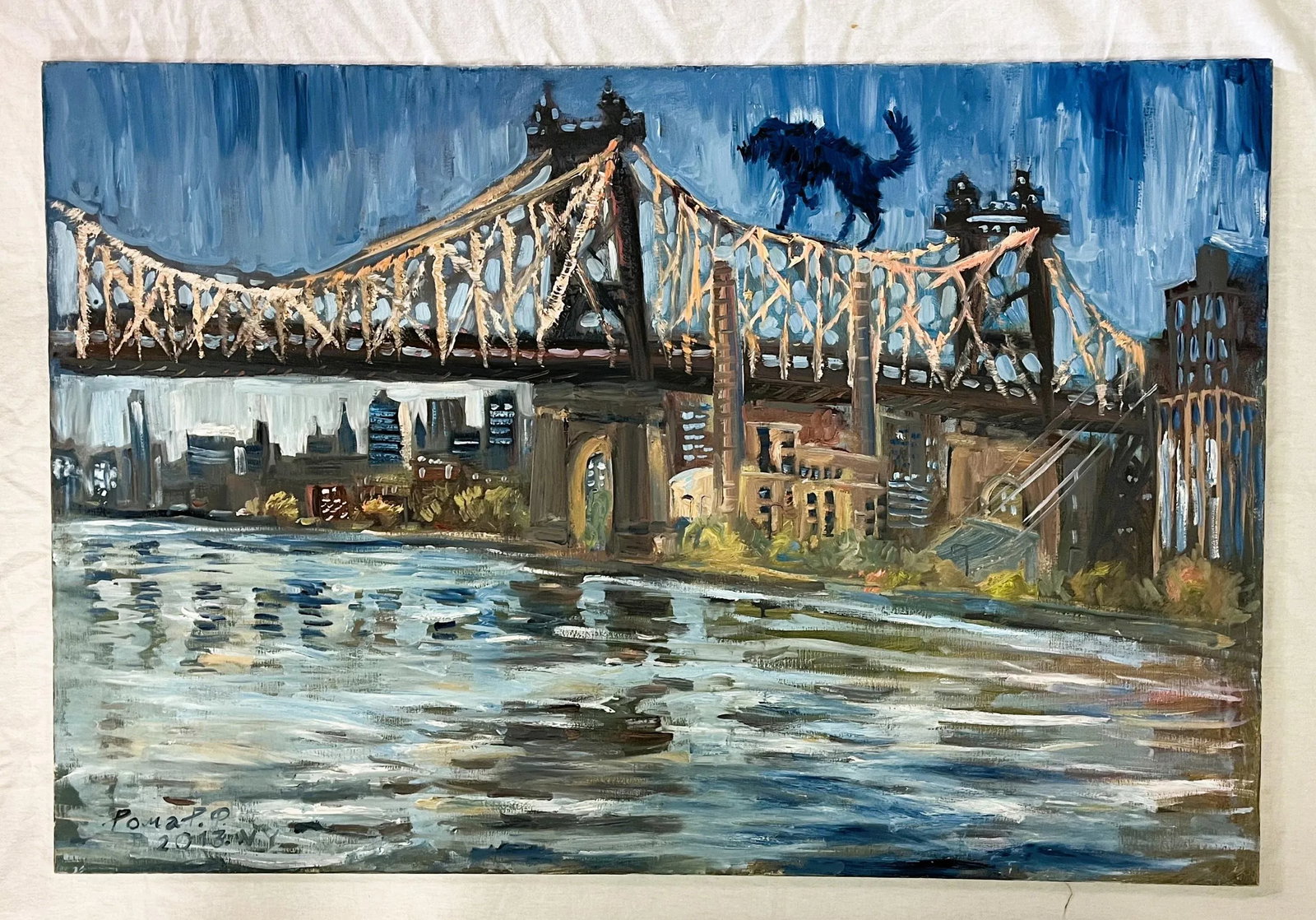 Roman Rakhmatulin Signed Original Oil Painting on Canvas Titled 'Blue Dog and Queens Bridge' New Yor - 10