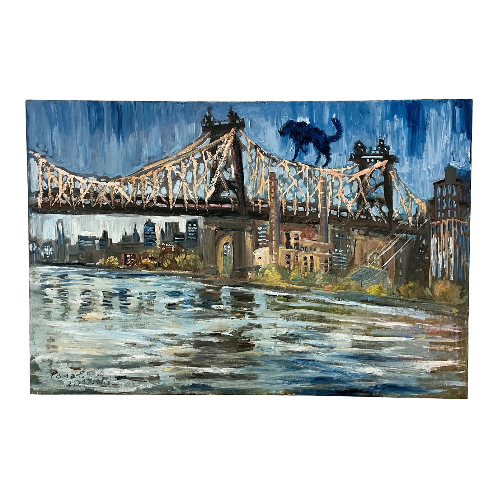 Roman Rakhmatulin Signed Original Oil Painting on Canvas Titled 'Blue Dog and Queens Bridge' New Yor: Fun and quirky modern day painting of New York City by Roman Rakhmatulin (American, Present). The oil painting on canvas is titled 'Blue Dog and Queens Bridge.' It's completed in a modern impressionis