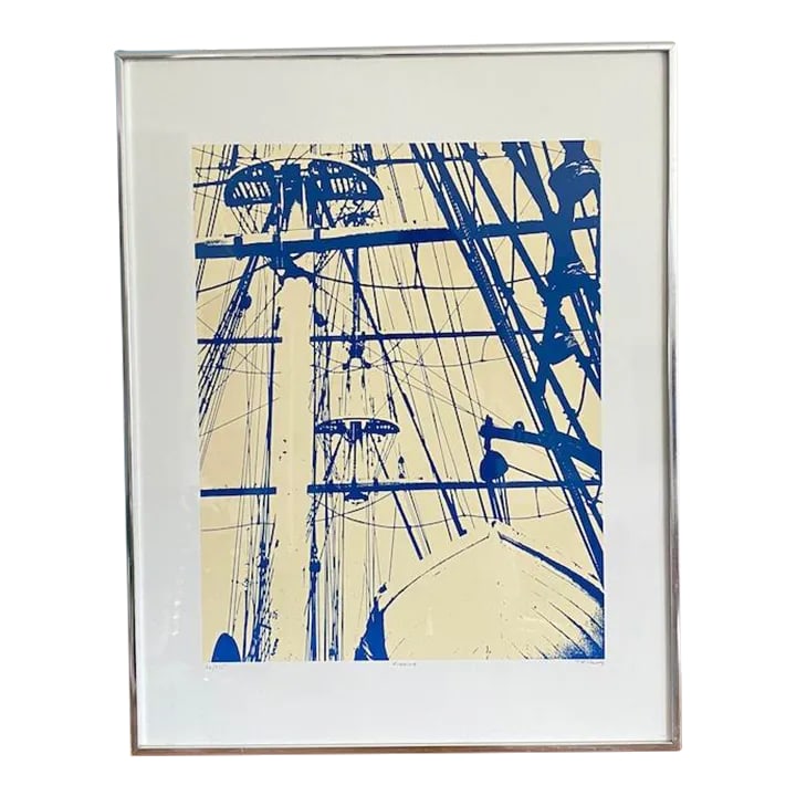 Mid Century Style Framed Rigging Wall Art Litograph: Mid-Century Style Framed Rigging Wall Art Litograph. Signed on the bottom. Condition: Alterations: Original Condition Unaltered Imperfections: Some Imperfections Condition Notes: The frame and print