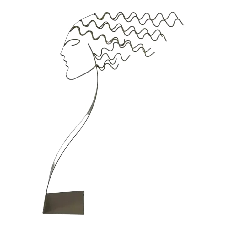 Curtis Jere' Abstract Female Silhouette Metal Sculpture: Splendid metal sculpture by Curtis Jere', signed and dated 1990. Sculpture is an abstract silhouette of a female face in profile with free flowing hair behind the silhouette. Pairs nicely with mid-cen