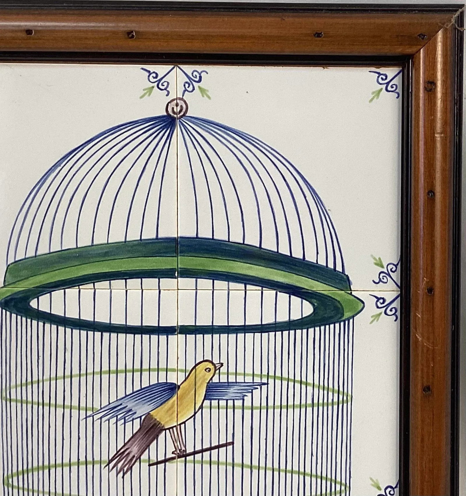 Delft Bird in Cage Tile Mural, Framed - 3